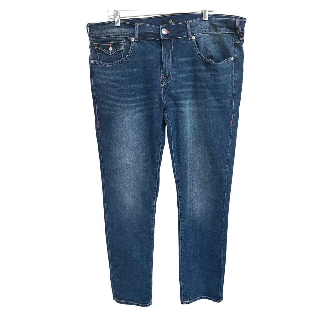 True Religion Geno Relaxed Slim Jeans Blue Denim Mens 38 Flap Pocket Red Stitch